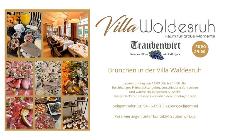 Großer Sonntagsbrunch in der Villa Waldesruh - Siegburg Villa Waldesruh, Seligenthaler Straße 94, 53721 Siegburg Tickets