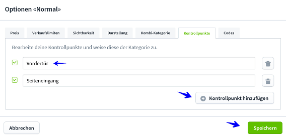 Einstellungen Ticketkategorien VIII Kontrollpunkte II