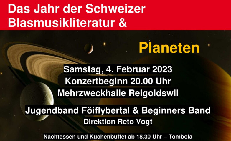 "Schweizer Blasmusik & Planeten" - Unterhaltungskonzert 2023 Mehrzweckhalle Reigoldswil, Paul-Suter-Weg 3, 4418 Reigoldswil Tickets