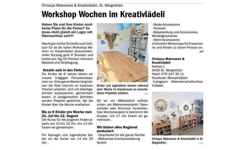 Ferien Workshop- Wochen Chrissy's Makramee & Kreativlädeli, Sankt Margrethen Tickets