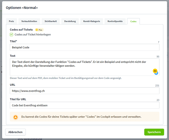 Screenshot Codes auf Tickets III