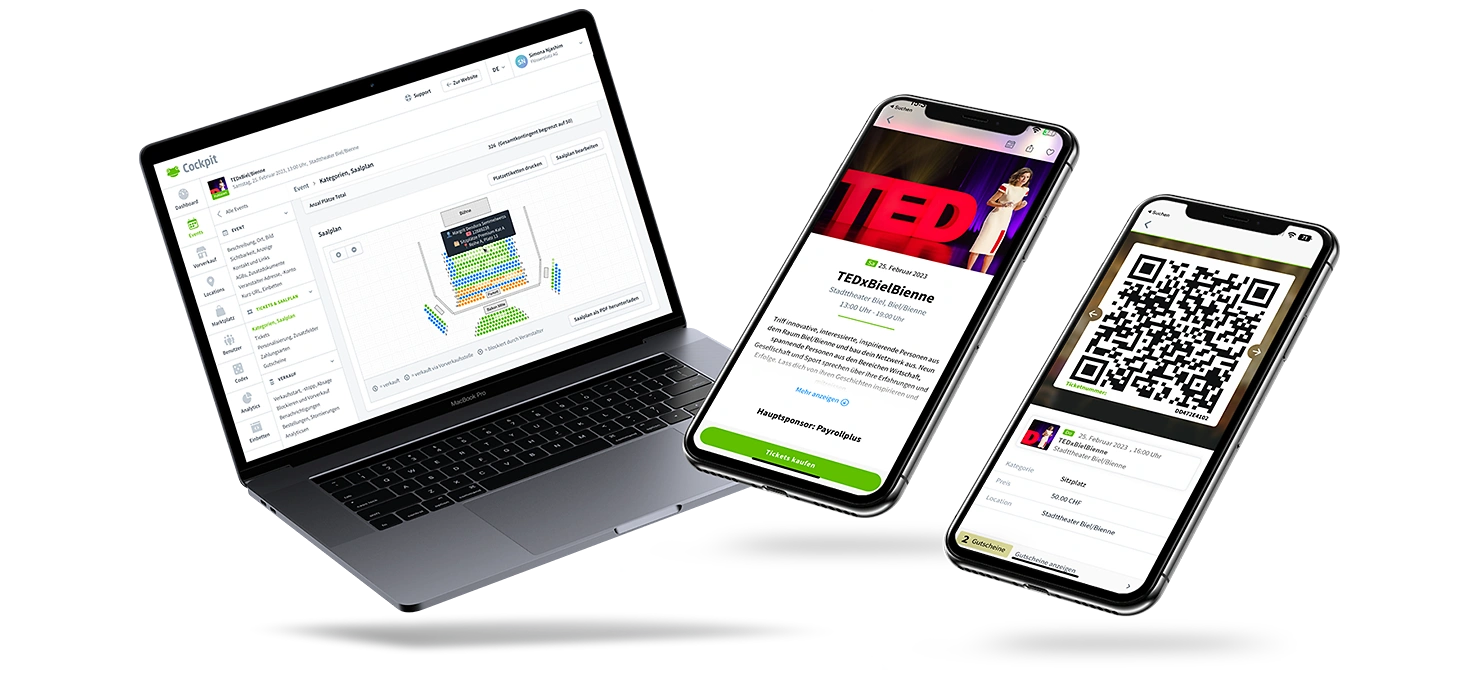 Mockup mit TEDx Event auf Laptop, Smartphone und mit Ticket Mockup mit TEDx Event auf Laptop, Smartphone und mit Ticket